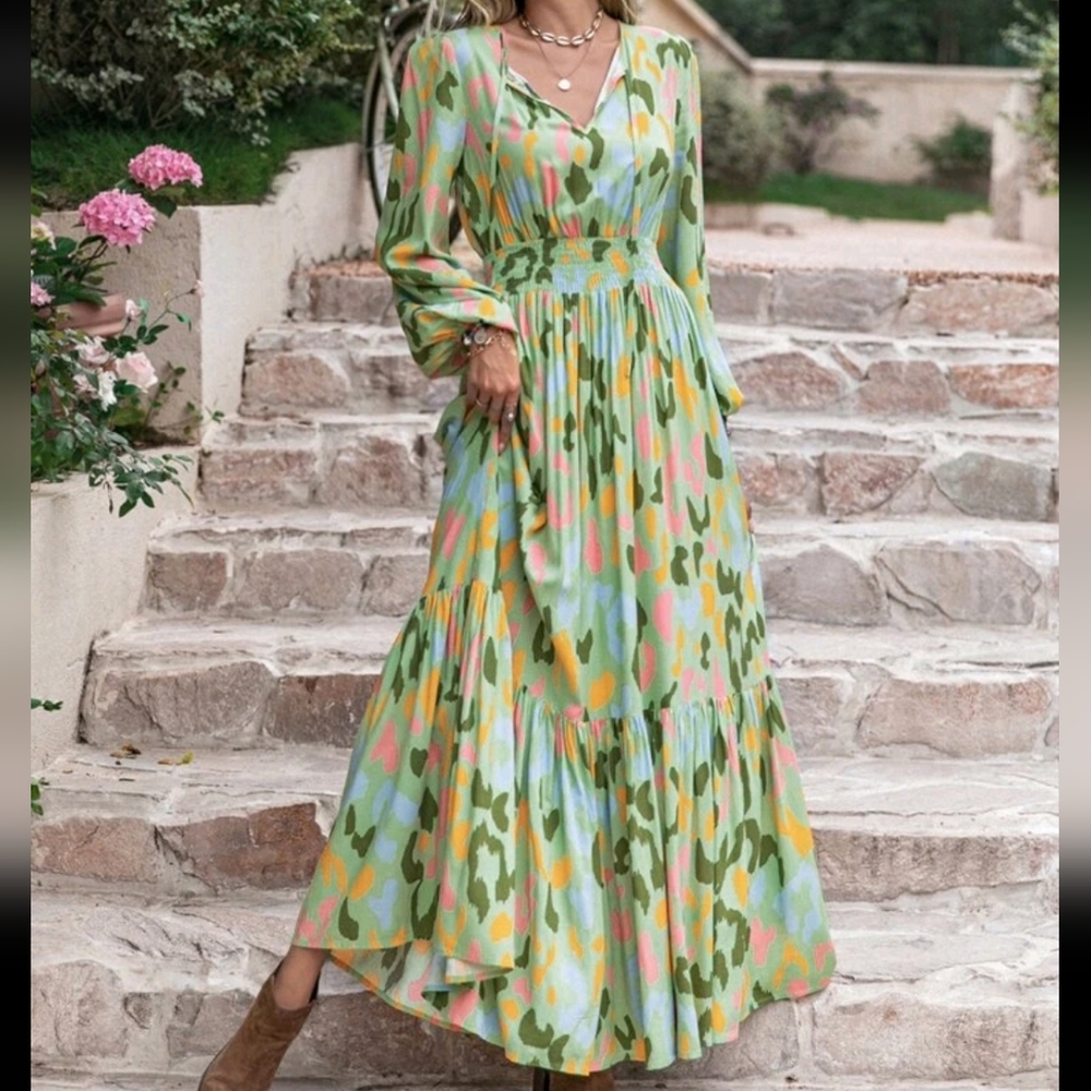 Boho Abstract Print Smocked Waist Tie Neck Lantern Sleeve Ruffle Hem Maxi Dress